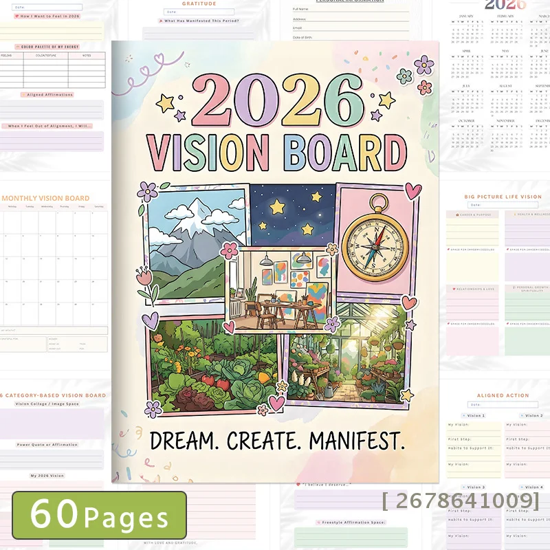 

♥ Набор для создания визуальной доски желаний 2026 - 60-страничный планер с руководством для постановки целей, их создания и привлечения в свою жизнь | 〔YY33〕