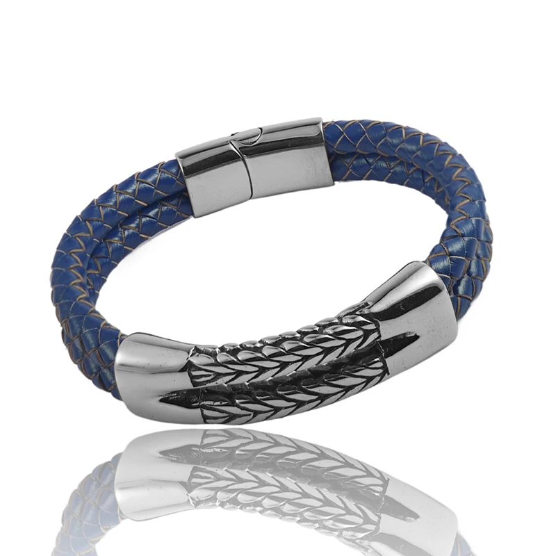 Luxuriöses Retro Doppel-Lederarmband für Herren Kubanische Kornstruktur Ohrförmige Kette Armband Edelstahl Schmuckarmband Geburtstagsgeschenk – Detail 5