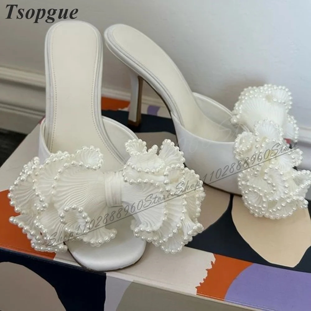 Elegant White Pearl Decor Flower Slippers Thin High Heel Shoes For Women Slip On Peep Toe 2024 Fashionable Zapatos Para Mujere