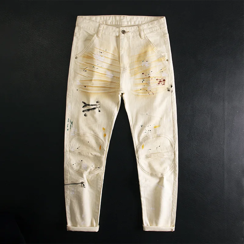 

Graffiti splashed ink patchwork jeans men's beige high street cool casual fashion elastic zipper slim fit small leg pants