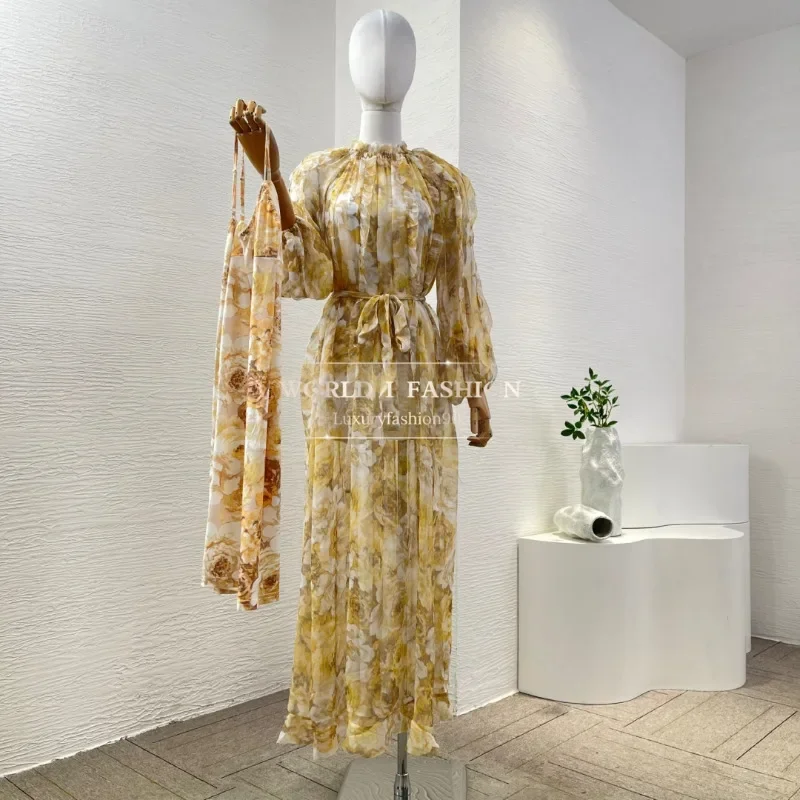 

Yellow Floral Print Ruffles Pleat Long Sleeve Midi Dress 2025 Silk