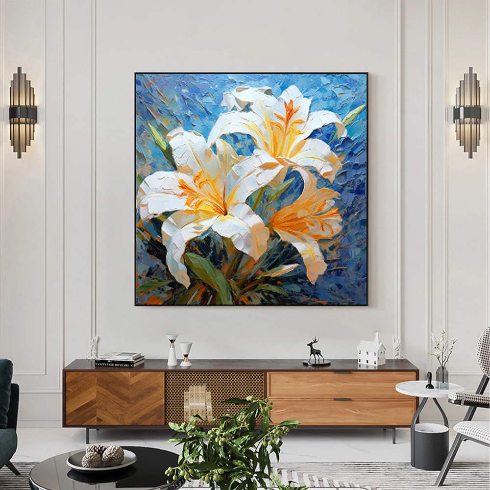 Hand Painted Oil Painting Large Lily Flower Oil Painting Canvas Abstract Original Floral Wall Art Modern Living Room Home Decor