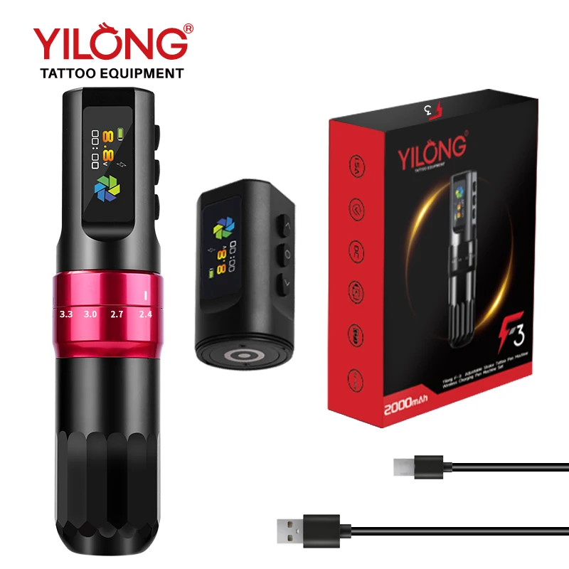 Yilong Wireless Tattoo Pen 2000mAh 2Battery Adjustable Stroke Rotary Tattoo Machine for Body Art Supplies