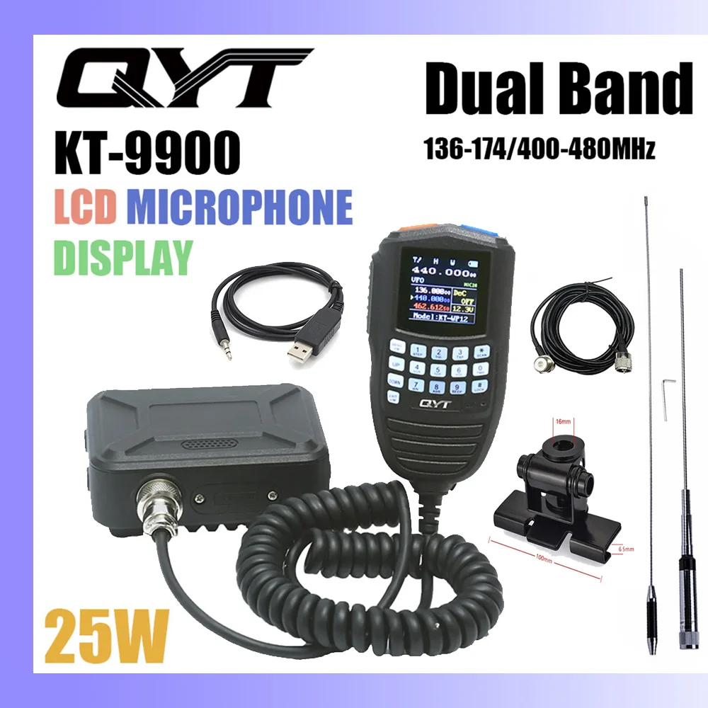 QYT KT-9900 25W Mini Dual Band Mobile Radio Microphone LCD Display Color Screen Car Ham Radio Transceiver