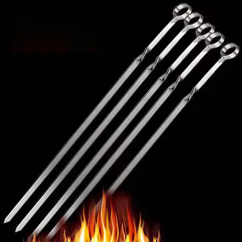 Flat Skewers Barbecue Forks Long Wood Handle Bbq Skewer Shish Kebab Barbecue Grill Sticks Stainless Steel Outdoors Grill Needle