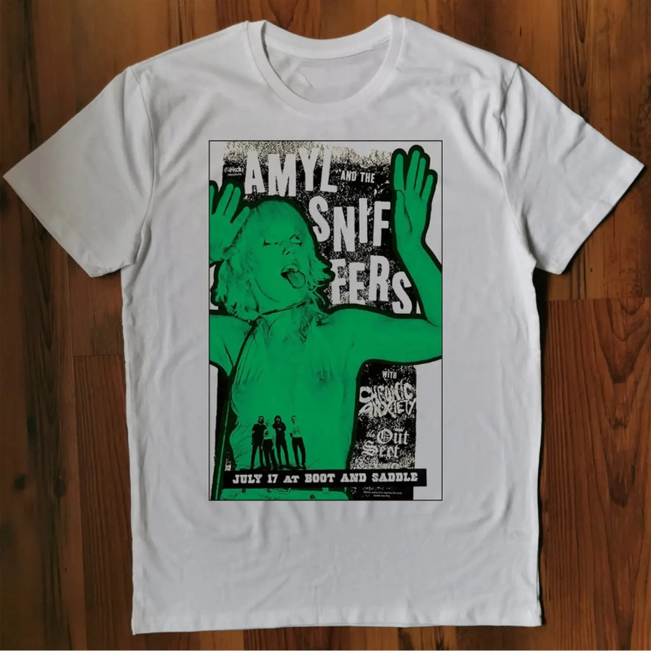 Amyl and The Sniffers Band Graphic T-Shirt White Bohemian Band Merchandise with A Striking Green Print Regular Fit