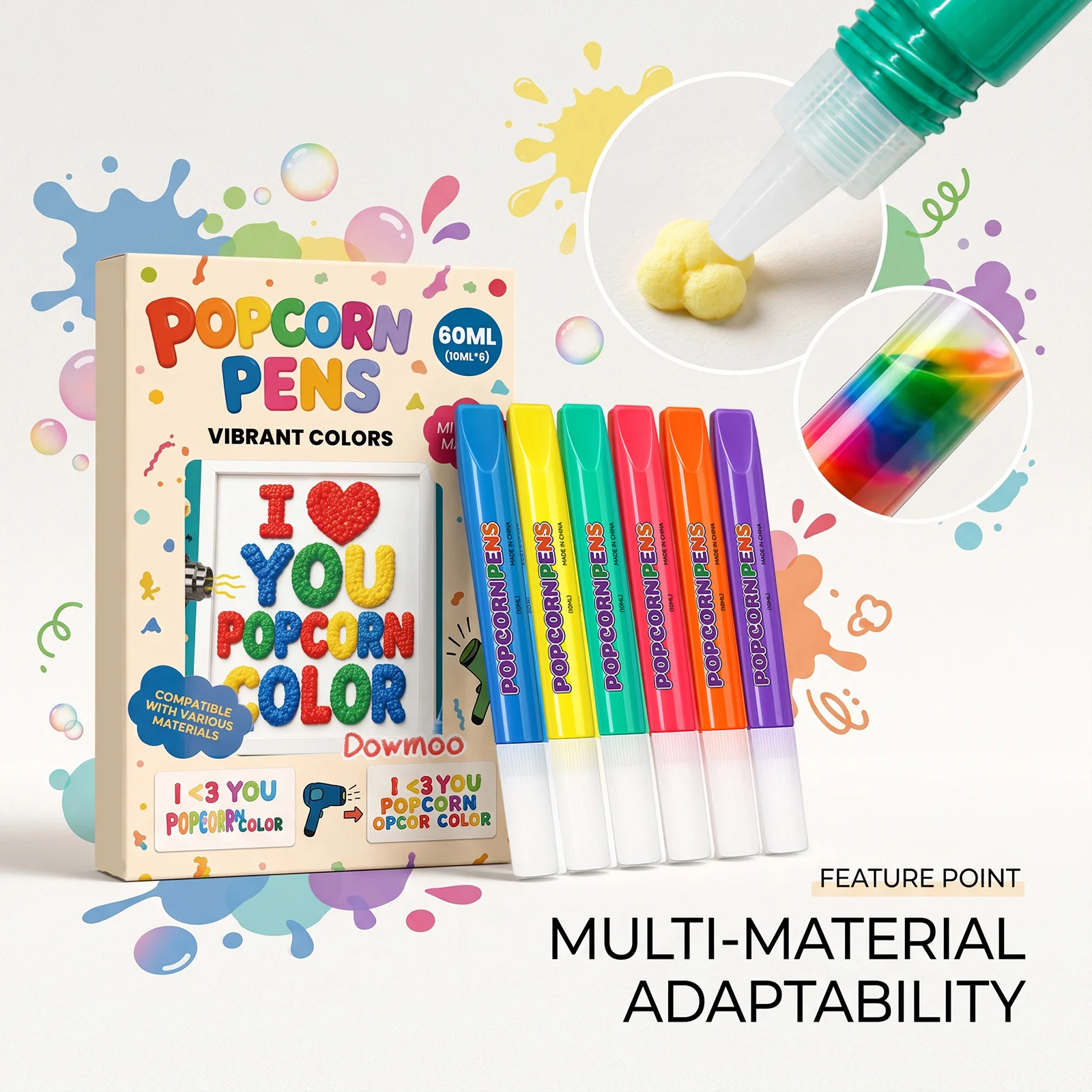 Dowmoo 6‑color Popcorn Pen Create Raised Puffy Bubble Texture Fun Hand‑drawing DIY Art Supplies 3D Bubble Puffy Paint Marker Set
