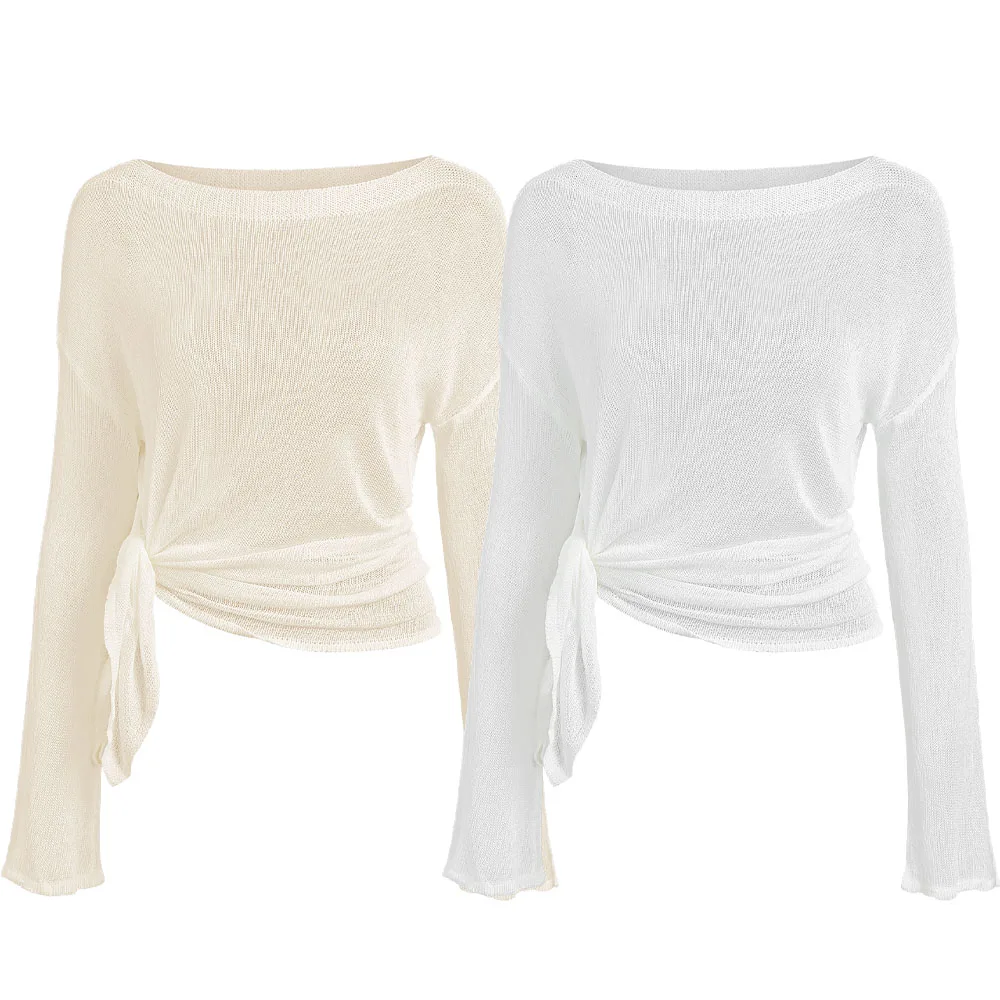 เสื้อคลุมชายหาดแขนยาวสีพื้น ดีไซน์ผ่าข้าง สไตล์สวมหัว สำหรับผู้หญิง แฟชั่นลำลอง ชุดคลุมชายหาด