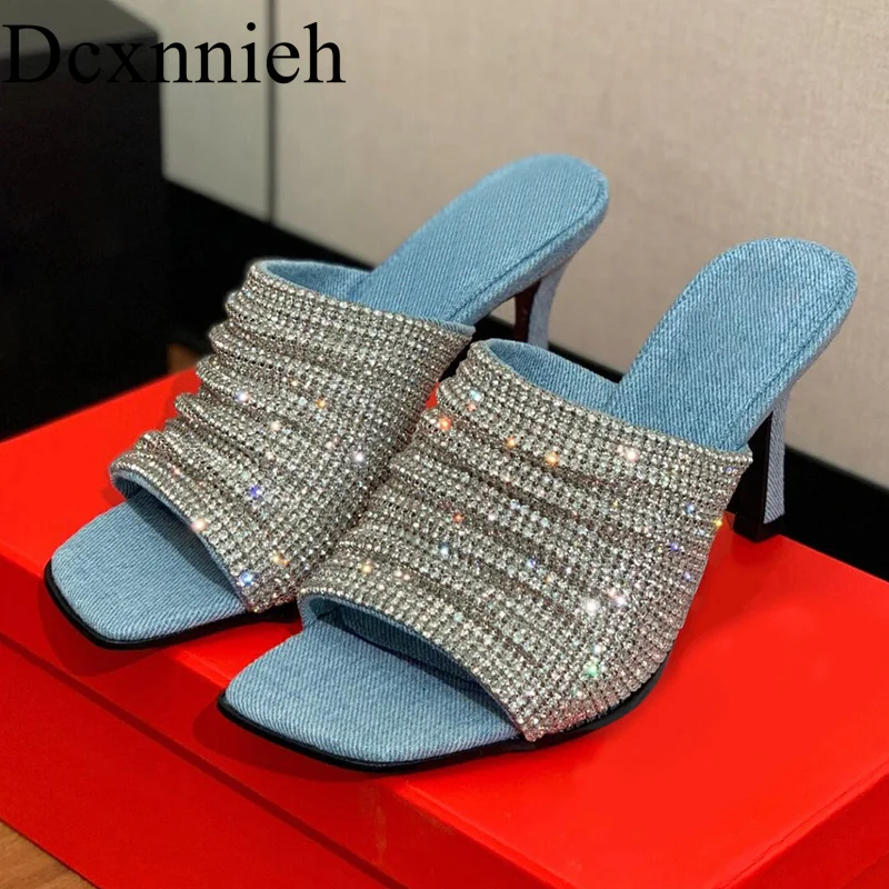 

2024 Summer Women's Crystal Decorative High Heels Open Toe Solid Color Shining Sandals Fashion Elegant Party High Heels