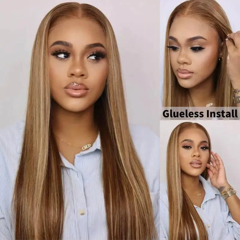 Julia Bye Bye Knots Straight Wig 7x5 Glueless Pre Cut Lace Honey Blonde Highlights Root Bleached Knots Breathable Cap Air Wig