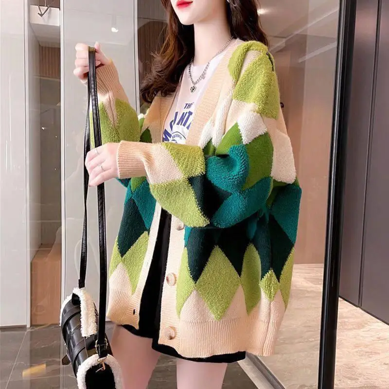 New Loose Rhombic Lattice Oversized Knitted Cardigan Women Korean Fashion Netred Casual Elastic Ladies Pink Sweater Cardigan 2