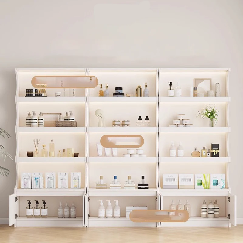 

*Custom Led Light Wooden Wall Furniture Large Oak Commercial Display Cabinets Wood White Multi-Layer Makeup Shelves