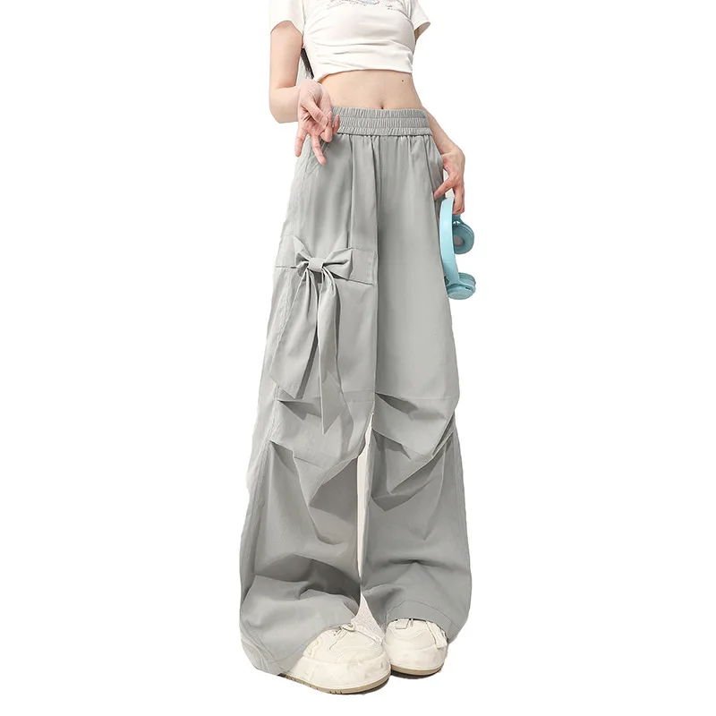 Grey Bow Quick Drying Work Pants For Women Summer 2024 New Elastic High Waisted Casual Loose Wide Leg Long Pants