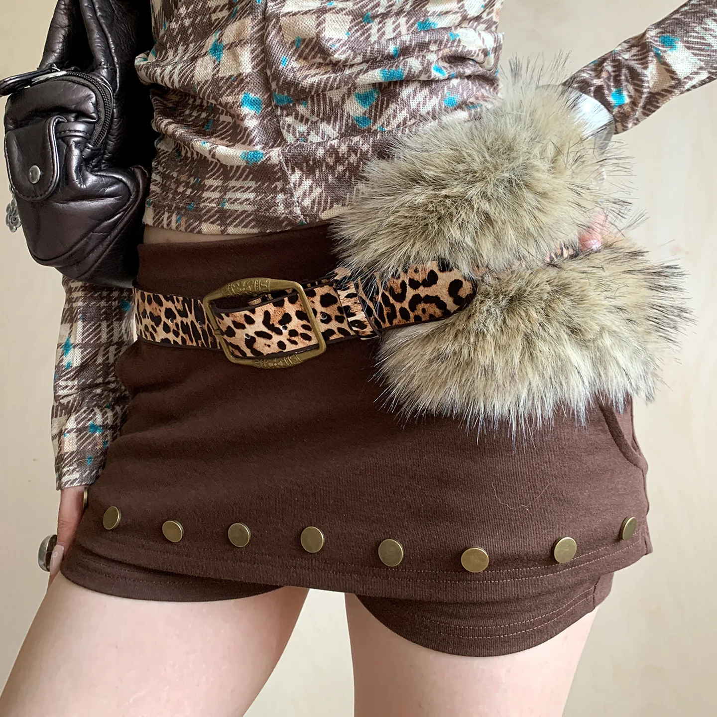 designer Leopard Print Y2k Spliced Spicy Girl Belt, Women's New Fashionable Design, Waist Seal with Jeans, Fur Belt Decoration