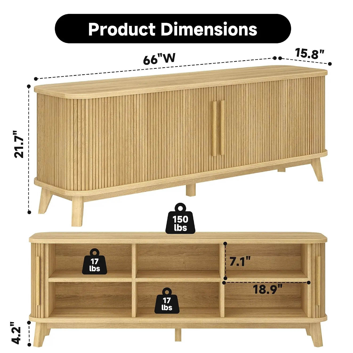 66"Mid Century Fluted TV Stand Full Closed Sliding Doors for 80" TV, Customized
