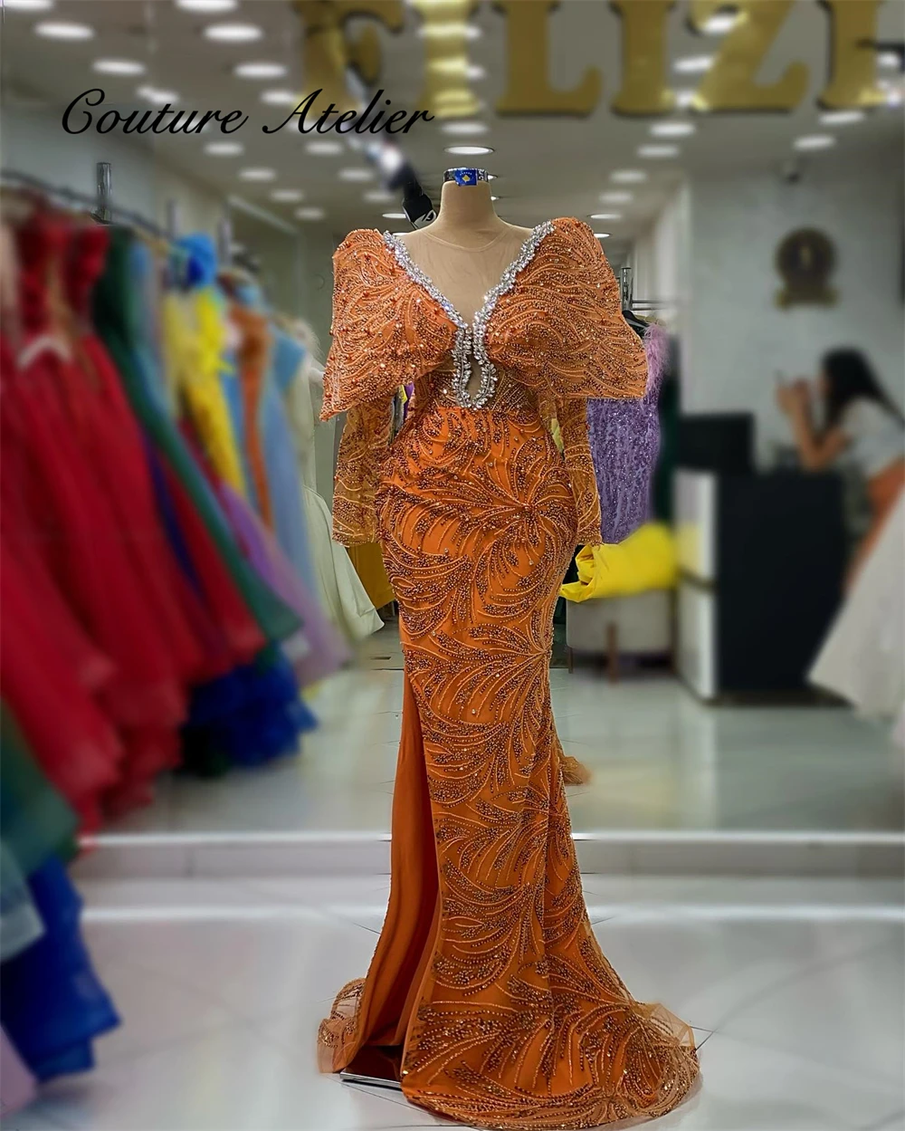 Chic Mexican Orange Evening Dresses For Special Events Beads Long Sleeves Crystal Mermaid Arabic Elegant Party Dress Customized