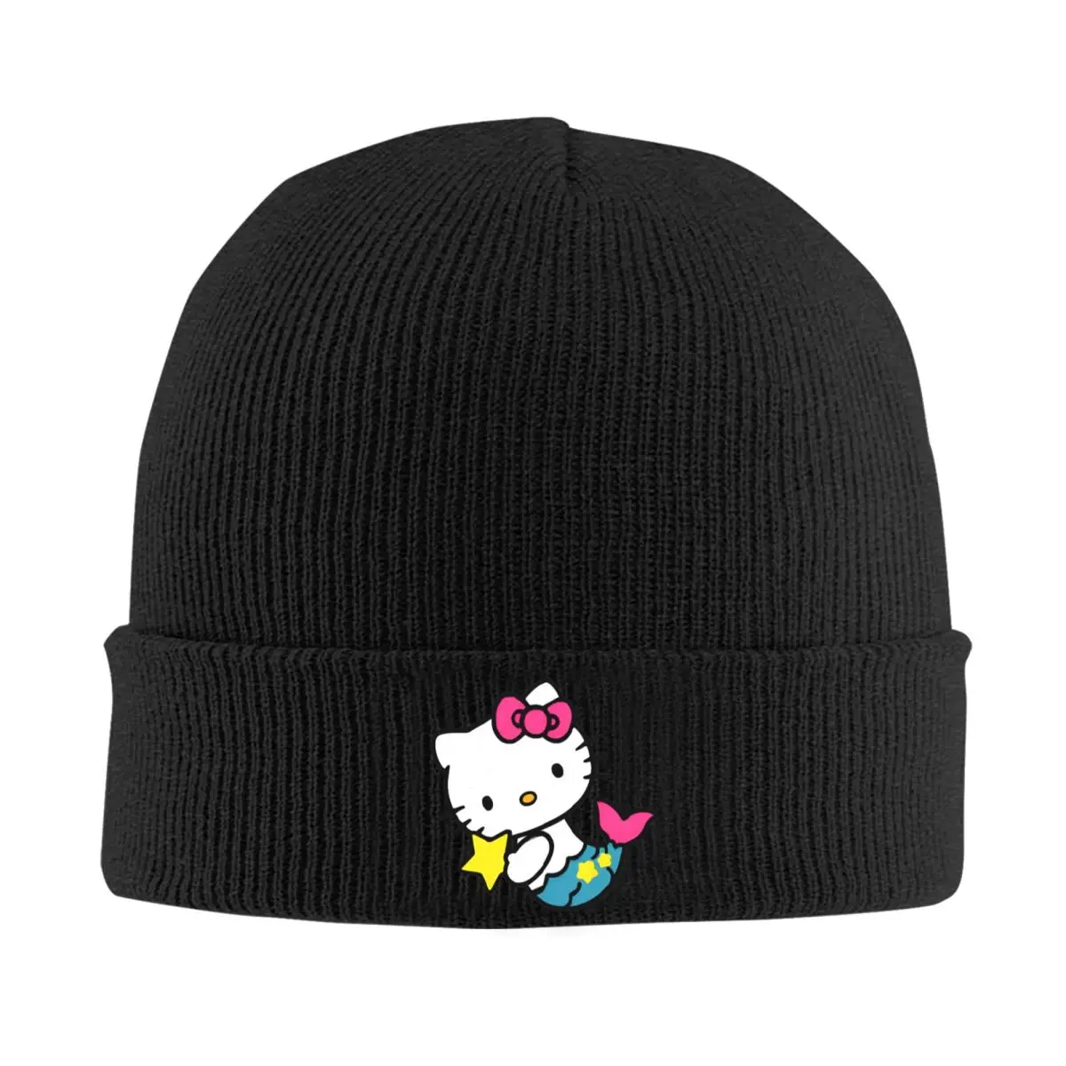 Hello Kitty Mermaid Bonnet Hats Knitted Hat Men Women Cool Elastic Beanie Hats Winter Outdoor Printed Cap