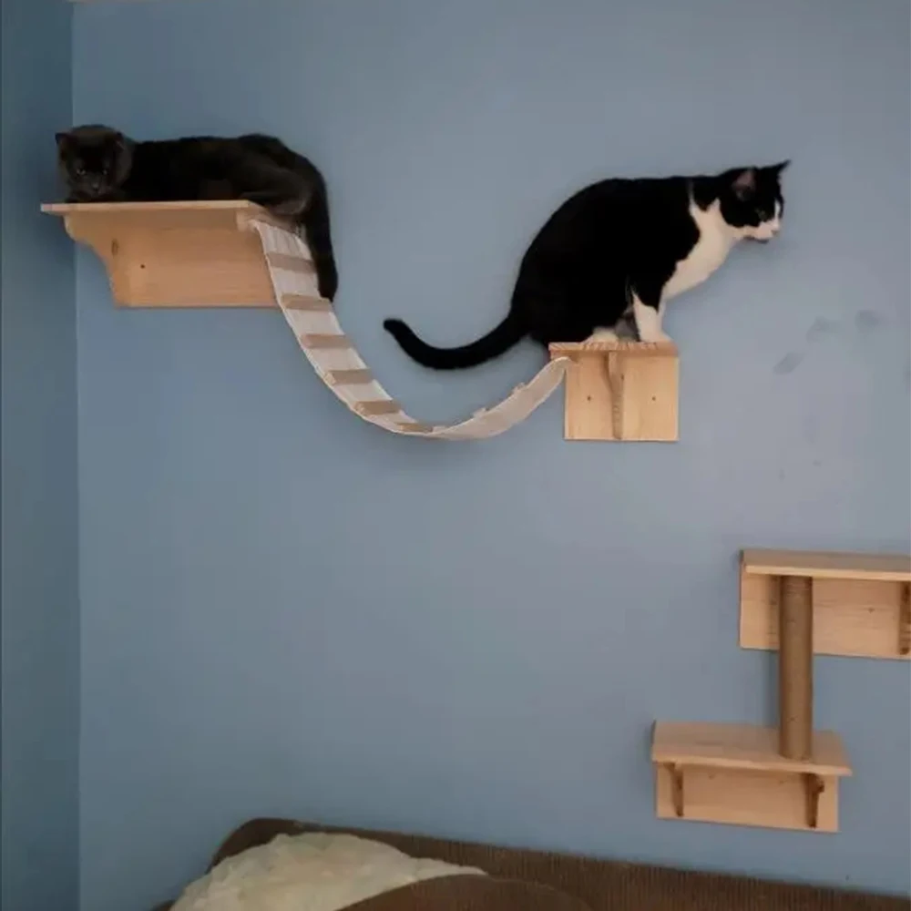 Wall Mounted Cat Wooden Climbing Shelves Cat House and Jumping Platform with Pedals or Stairway for Kitten Perch and Rest