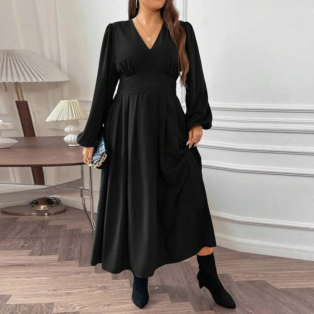 

2025 Autumn and Winter New Plus Size Women's Sexy V-neck, Waist Cinched, Bubble Sleeves, Mid Length Skirt, Big Skirt Dress Y2k