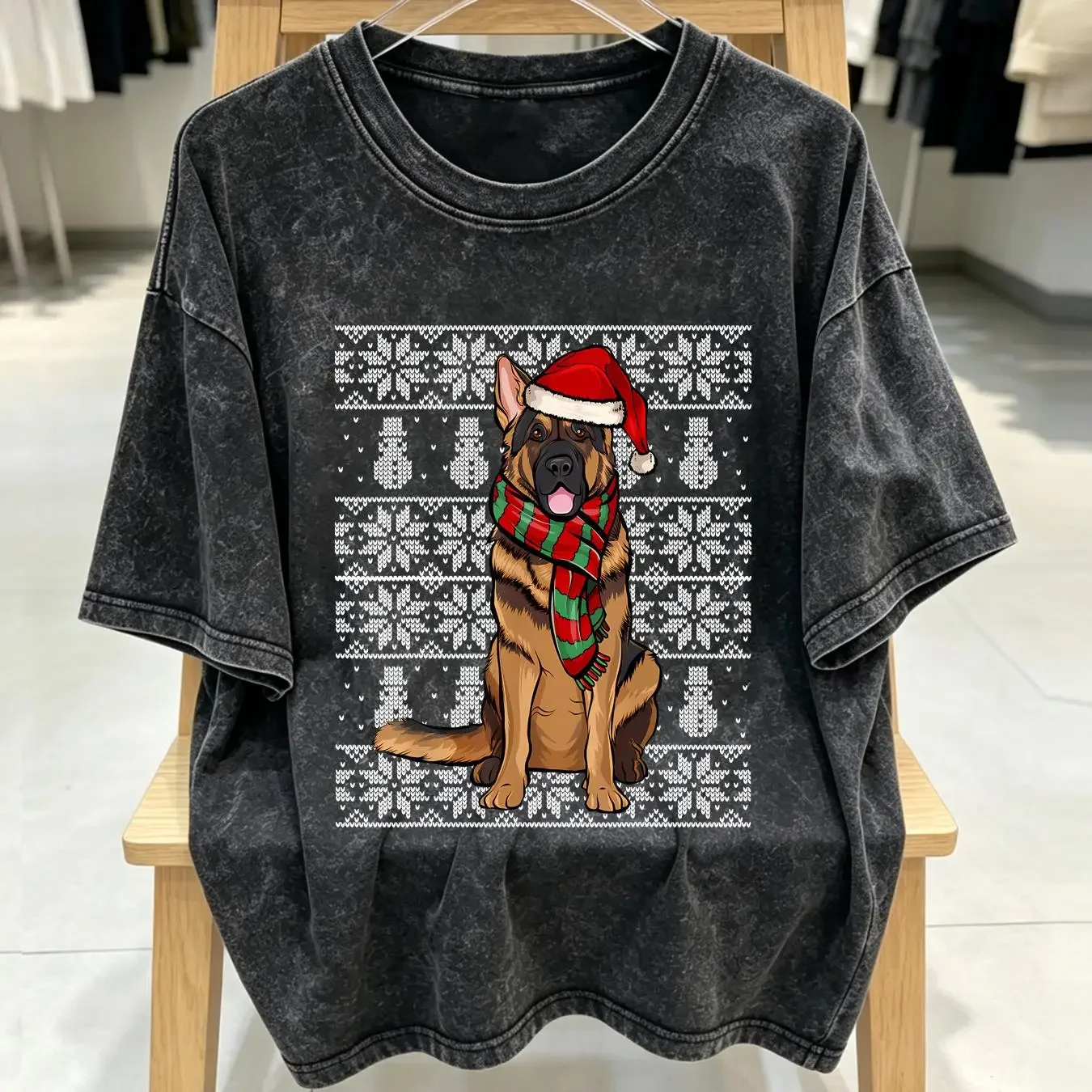 washed T Shirt NEW LIMITED Santa Hat Xmas German Shepherd Ugly Christmas Size S 5XL vintage Washed Breathable fashion