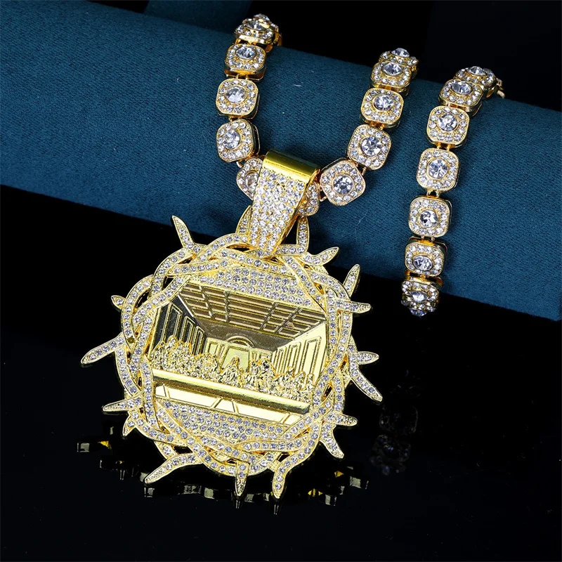 

Round Thorns Shape Medallion Last Supper Pendant Pave Rhinestone With Big Crystal Bead Cuban Chain Charm Religious Jewelry