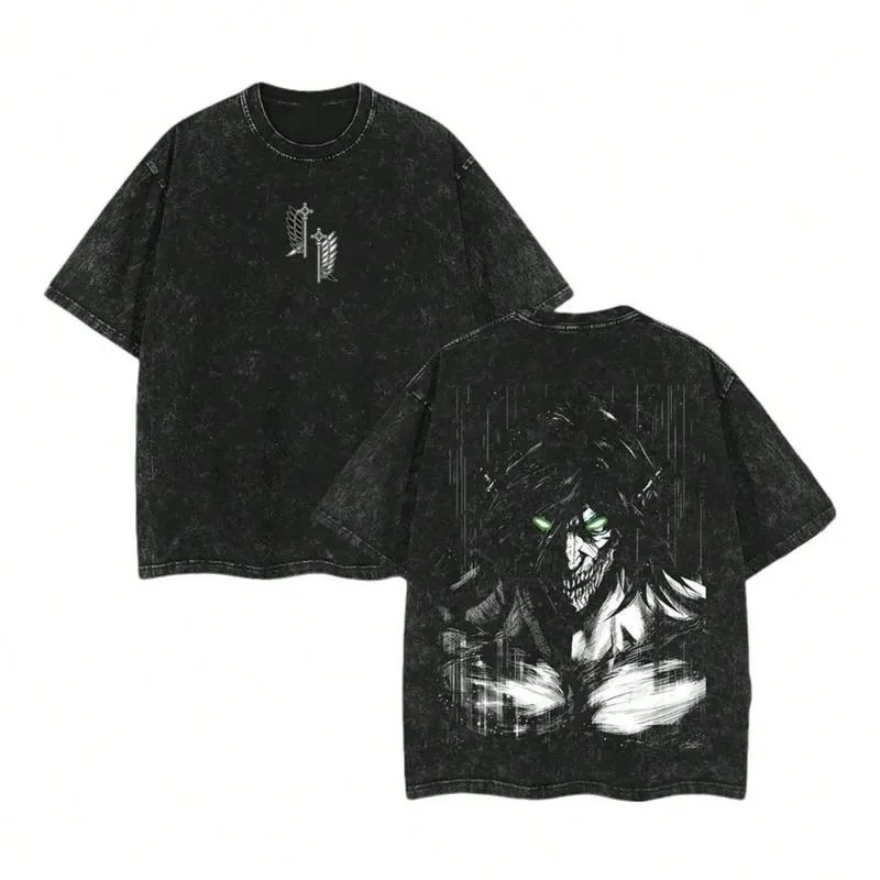Attack on Titan Anime bedrucktes Four Seasons Retro Baumwolle gewaschenes T-Shirt Harajuku Herren Top