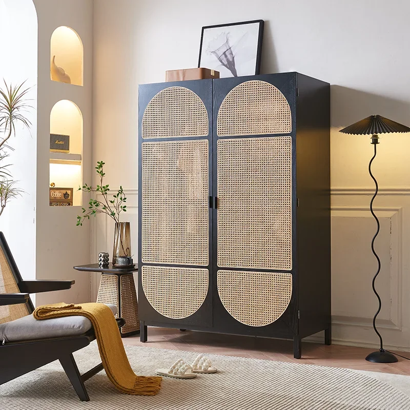 Nordic solid wood rattan wardrobe, simple modern black cabinet