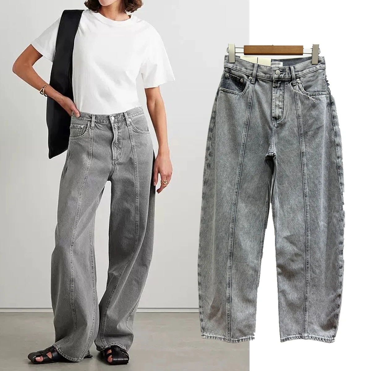 

Dave&Di Минималистичные джинсы для мам Ретро Свободные джинсы Светло-серые джинсы с высокой талией и широкими штанинами с изогнутыми ножками Джинсовые брюки для женщин