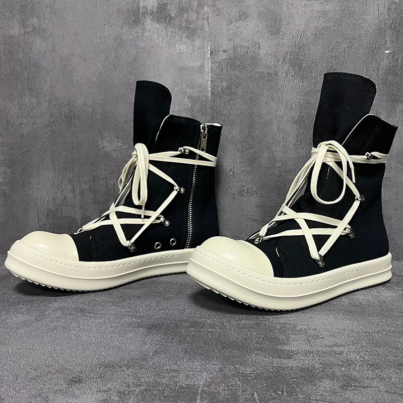 Men Women High-TOP Shoes Casual Canvas Jumbo Lace Up Sneakers Luxury Designer Zip Hip Hop Autumn Flats Black Boots