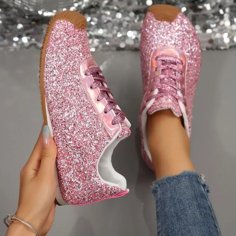 

Женские кроссовки на шнуровке, новые осенние вулканизированные кроссовки на плоской подошве, блестящие повседневные модные туфли на платформе, модные туфли на плоской подошве, новые Zapatos De Mujer