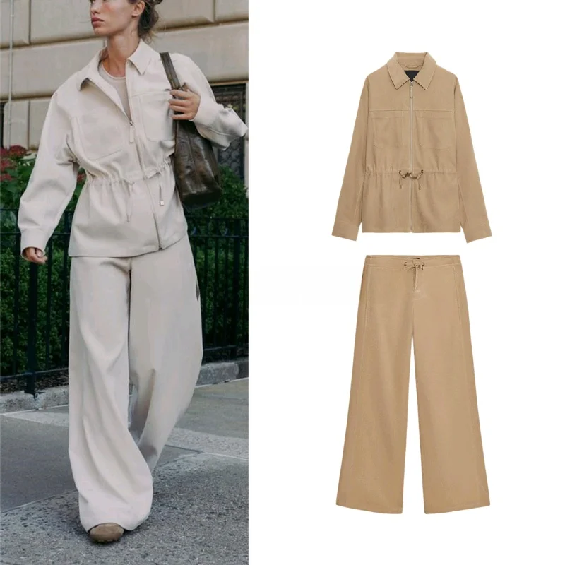High Waist Wide Leg Casual Long Pants Coat ket Decorated Flip Collar Waist ket Women's Faion Set Autumn Season