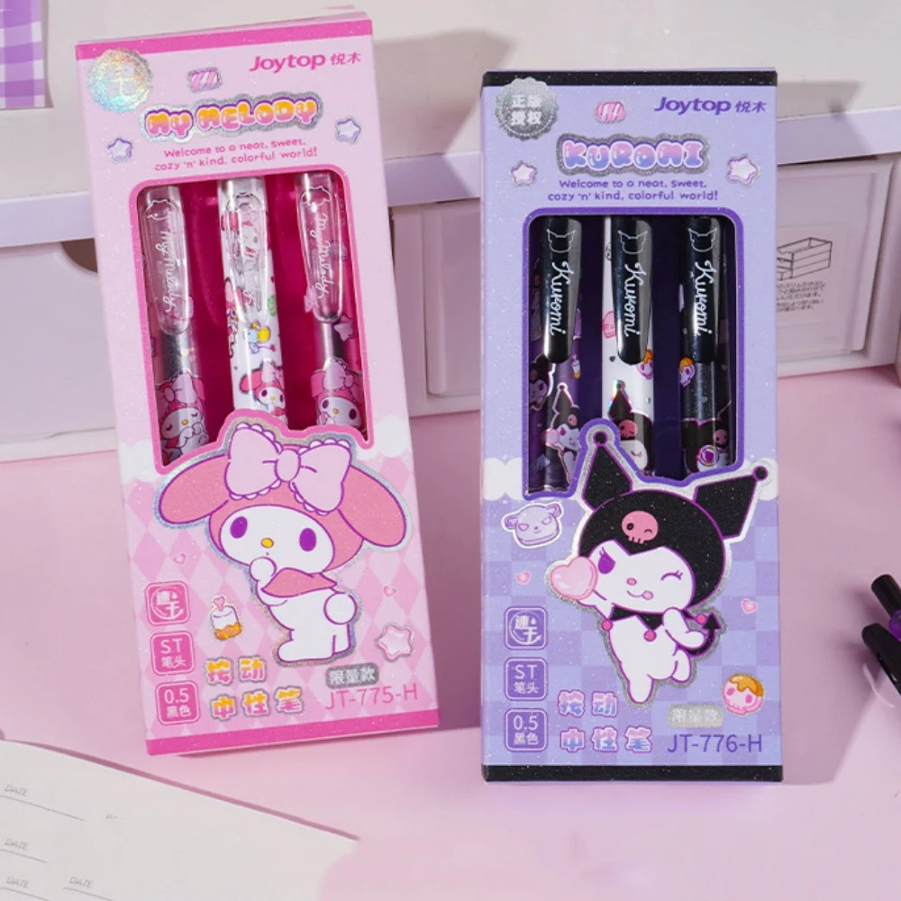 Bolígrafos de Gel Sanrio genuinos, dibujos animados de Hello Kitty Kuromi Melody, bolígrafos negros de 0,5 Mm, suministros de papelería escolar, regalos para niñas, 3 uds.