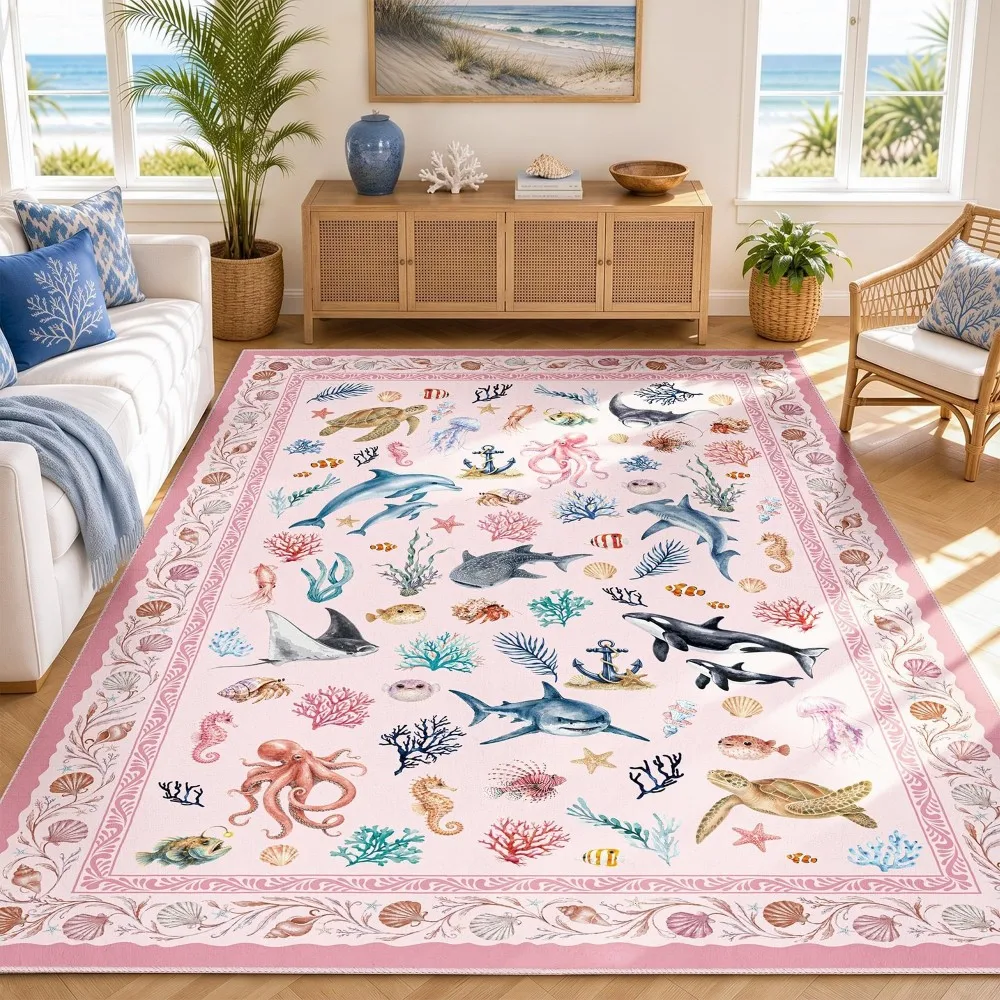 Marine Life Carpet Living Room Bedroom Rug Deep Blue Ocean Floor Mat Dolphin Shark Octopus Pattern Coastal Beach House Doormat