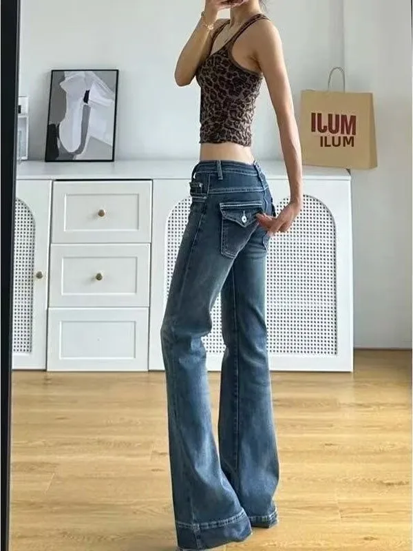 American Style Spicy Girl Low Waist Tight Jeans Flared Pants Women's Small Size Faded Washed Floor-Length Casual Jeans