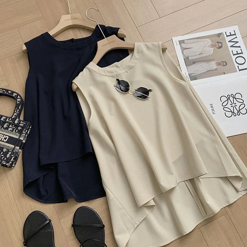Casual Two Piece Set Women Sleeveless Loose Top High Waist Trouser Suits Female 2023 Summer Office Ladies Suit