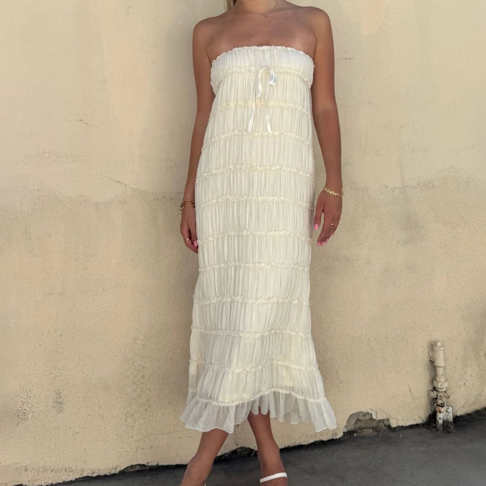 Vestido feminino em camadas, sem alças, tubo franzido, sólido/floral, ombro de fora, sem mangas, costas nuas, vestido longo para festa diária, praia