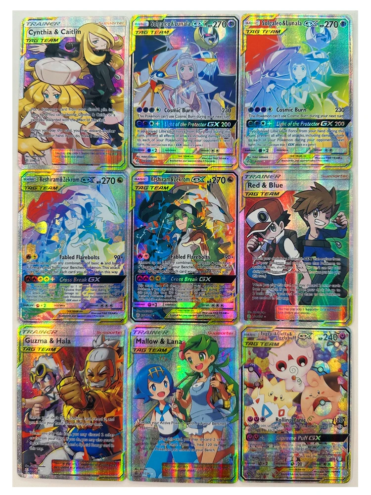 9 sztuk/zestaw PTCG Pokemon TAG TEAM angielski Lillie Cynthia Pikachu rzemiosło refrakcyjne DIY domowe karty kolekcjonerskie zabawka dla dzieci