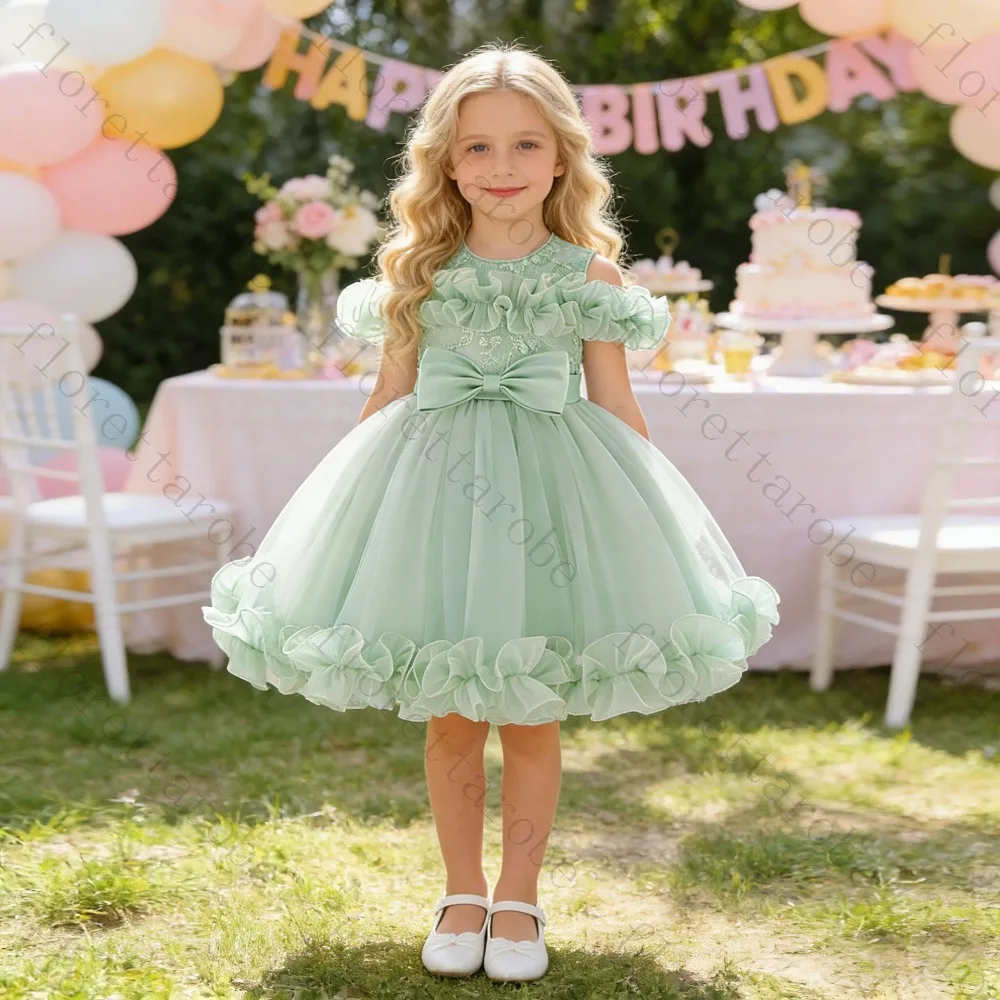 Customized Green Flower Girl Dress with Tulle Ball Gown Skirt O Neck Short Puff Sleeves Large Bow Waist Wedding Birthday Gown