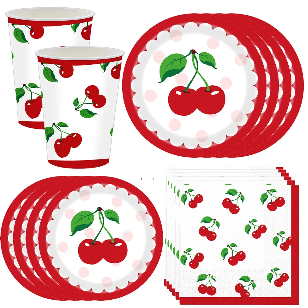 Juego de vajilla desechable de cereza roja, platos de papel, vasos, mantel, decoraciones de cumpleaños dulces para niñas, suministros para fiestas
