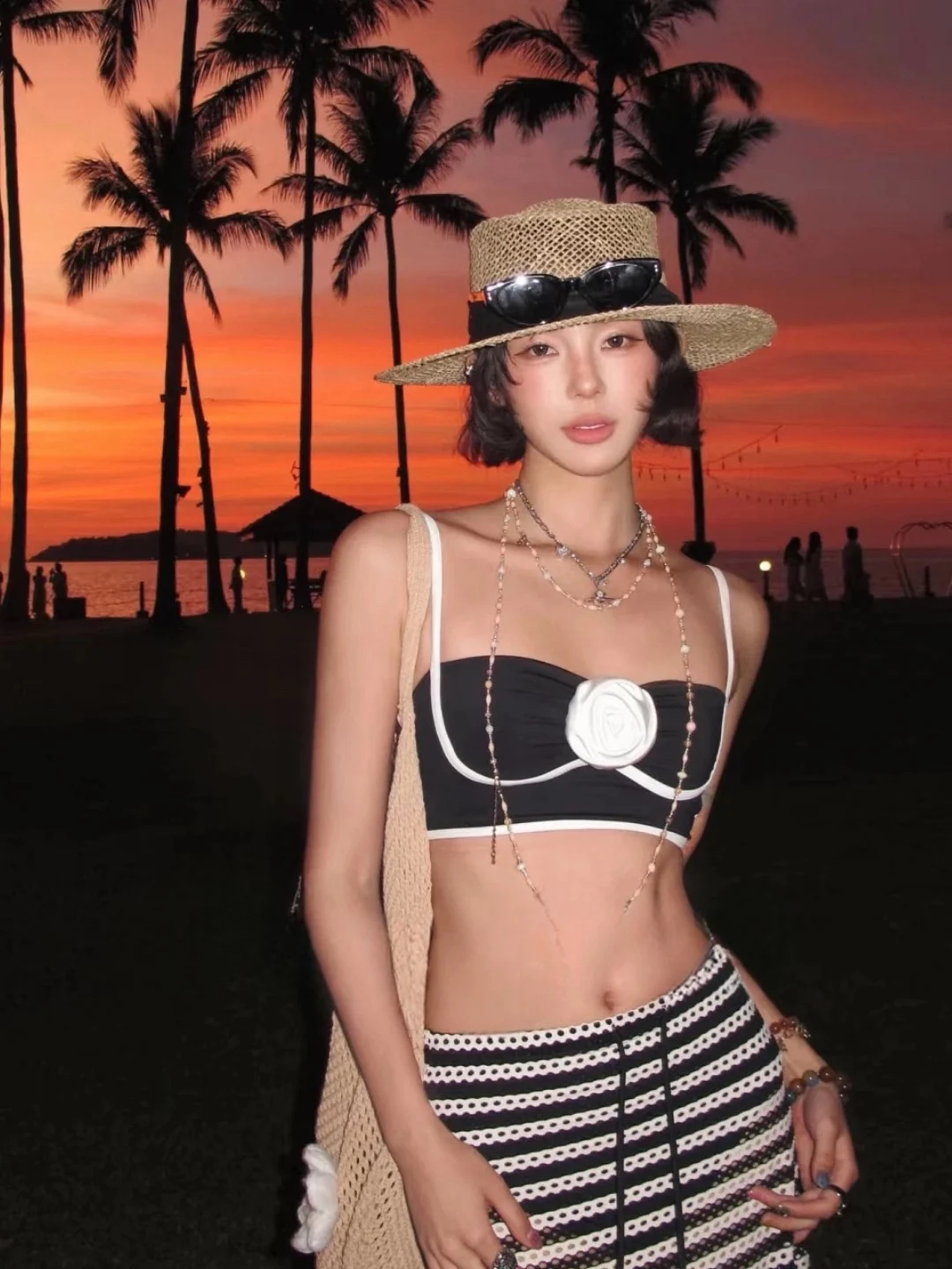 

Women's Bikini Swimsuit Three-Piece Set Slimming Holiday Style Stripe Long Skirt Beach Thermal Spring Summer Swimming Costume