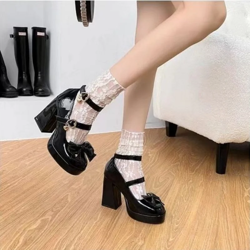 Women Pumps Mary Jane Lolita Shoes Gothic Chunky High Heel Platform Shoes Female Tied Cosplay Harajuku Black Shoes Bows Heart