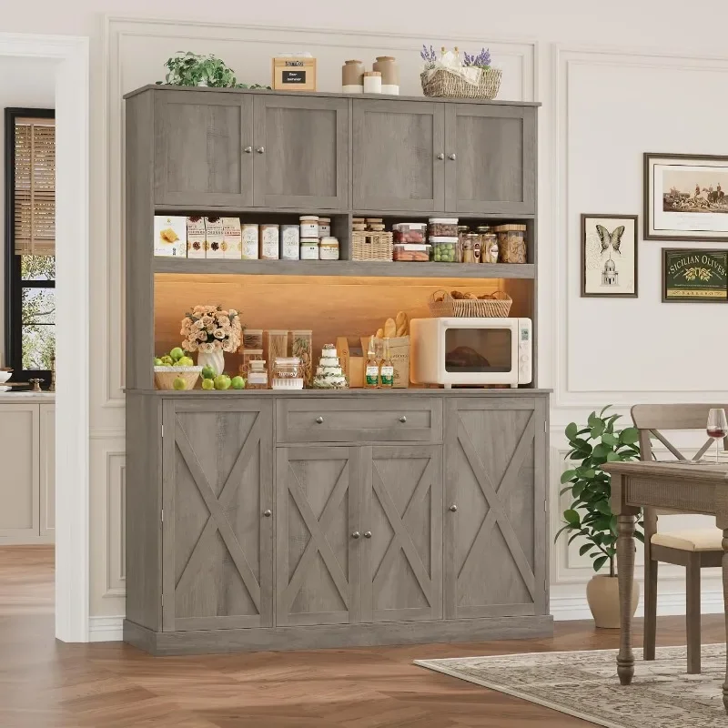 HIFIT Tall Kitchen Pantry Cabinet withLED&Charging Station,Wide Farmhouse Pantry Cabinet with Microwave Stand&Shelves&Swing-Out