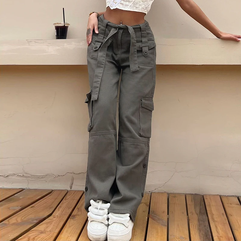 

Korean Fashion Loose Straight Denim Trousers Harajuku Gray Pockets Cargo Jeans Sashes Y2K High Waist Pants Vintage Streetwear