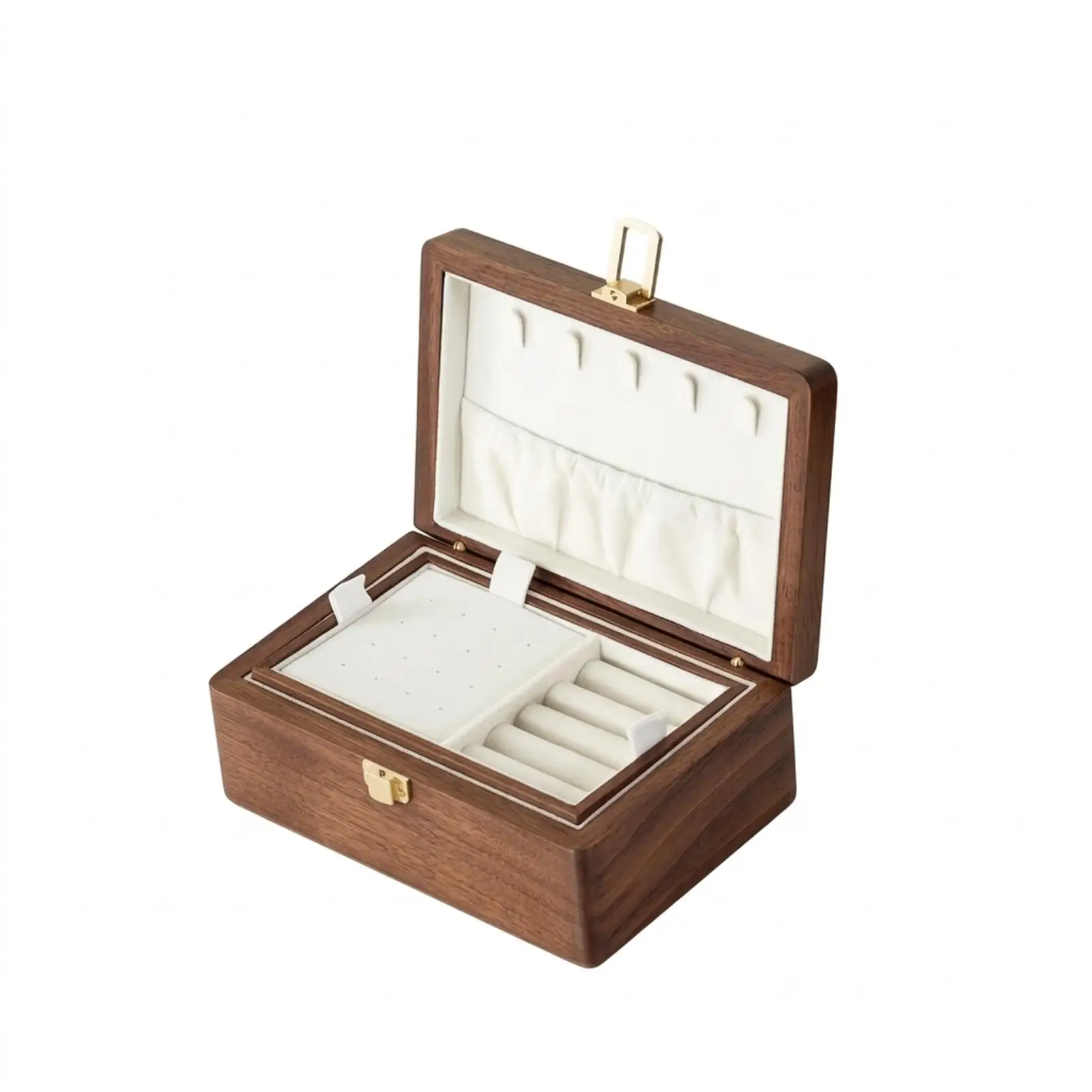 Soft-Lined Wooden Jewelry Box Natural Walnut Jewelry Box Compact Organizer