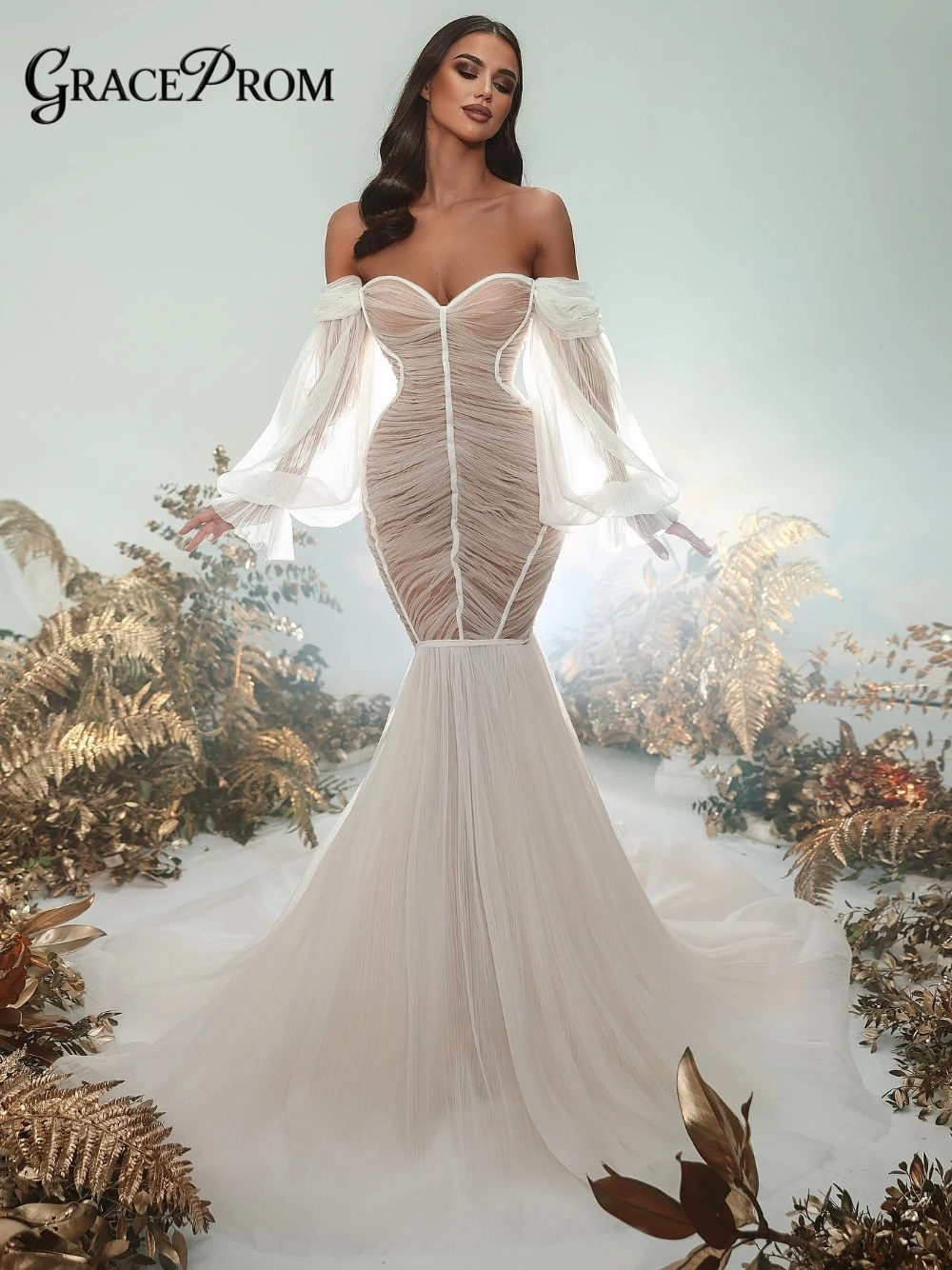 Simple Pleated Tulle Mermaid Fashionable Wedding Dress Sweet Off the Shoulder Customized Reception Dreamy Bride Dresses