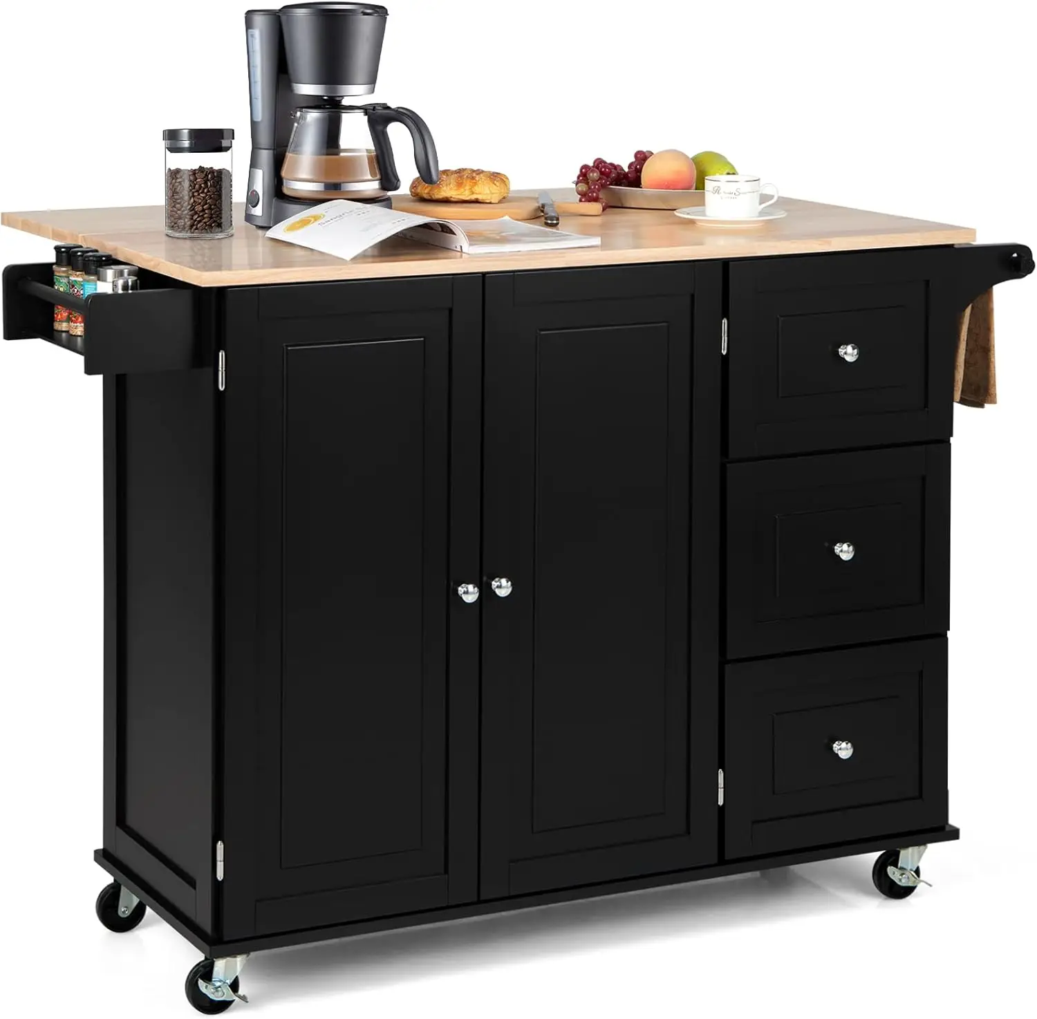 Kitchen Island Cart with Drop Leaf, Rolling Kitchen Island on Wheels with Rubber Wood Countertop, Towel Rack, Drawers,