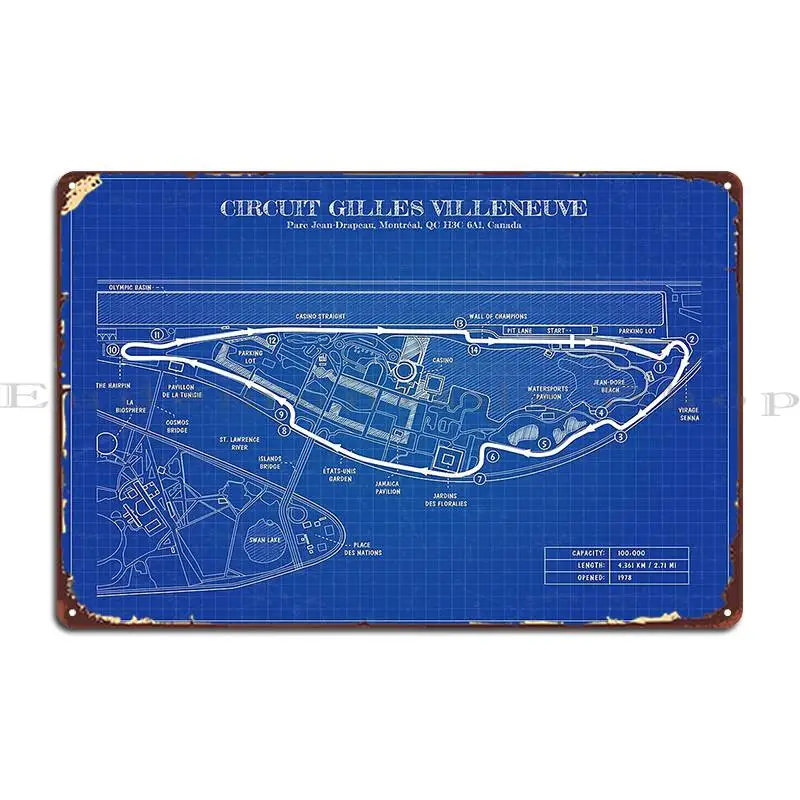 Circuit Gilles Villeneuve Blueprint Metal Plaque Poster Living Room Customize Create Garage Cinema Tin Sign Poster