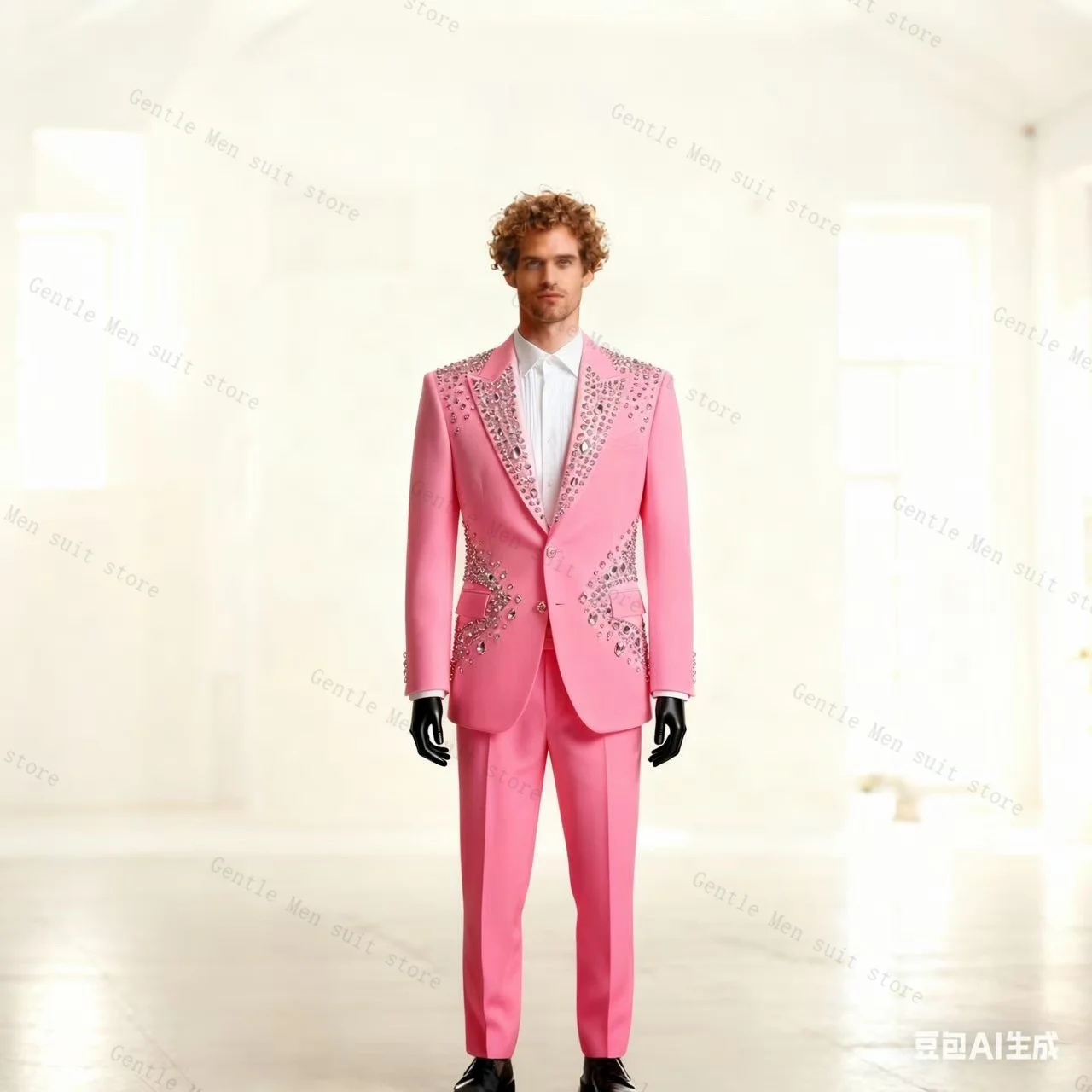 

Pink Crystals Men Suit Set 2 Piece Blazer+Pants Trousers Cotton Wedding Tuxedos Formal Office Jacket Prom Coat Customized