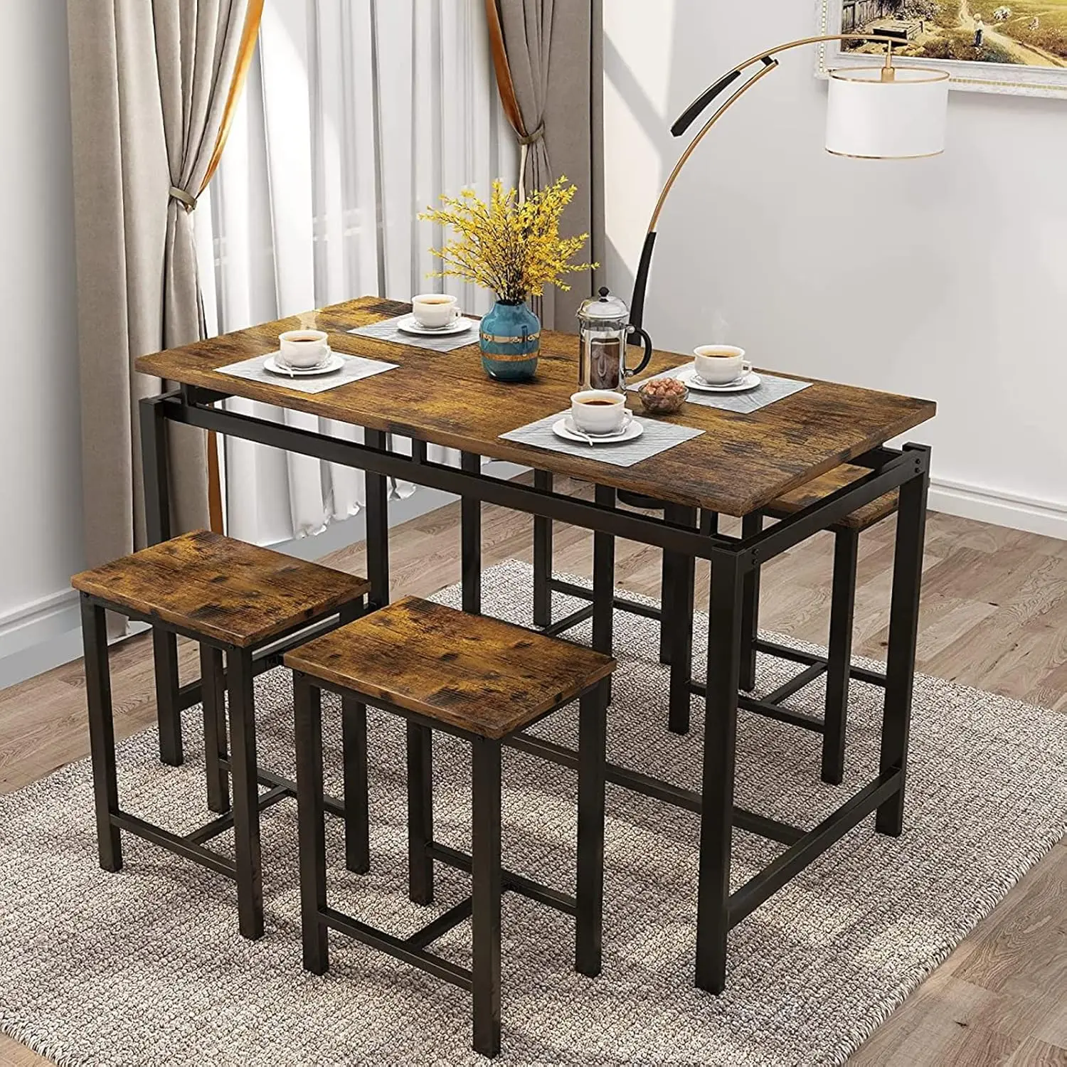 Mieres 5 Piece Dining Table Set For 4, Small Kitchen Bar Table And Chairs For 4, Wooden 47"" Dining Room Table Set With 4