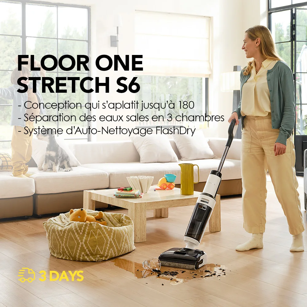 Tineco Floor One Stretch S6 Aspirateur Laveur, Aspirateur Sec et Humide Puissant Intelligent, portée à Plat 180°, Nettoyage Deux Bords, Auto-Nettoyage Flashdry à 70℃ en 5 Min, 40 Min d'autonomie